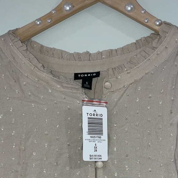 NWT Torrid Plus Swiss Dot Ruffle Trim Mock Neck Top, Mushroom Tan, Size 5X/28W - Picture 9 of 9